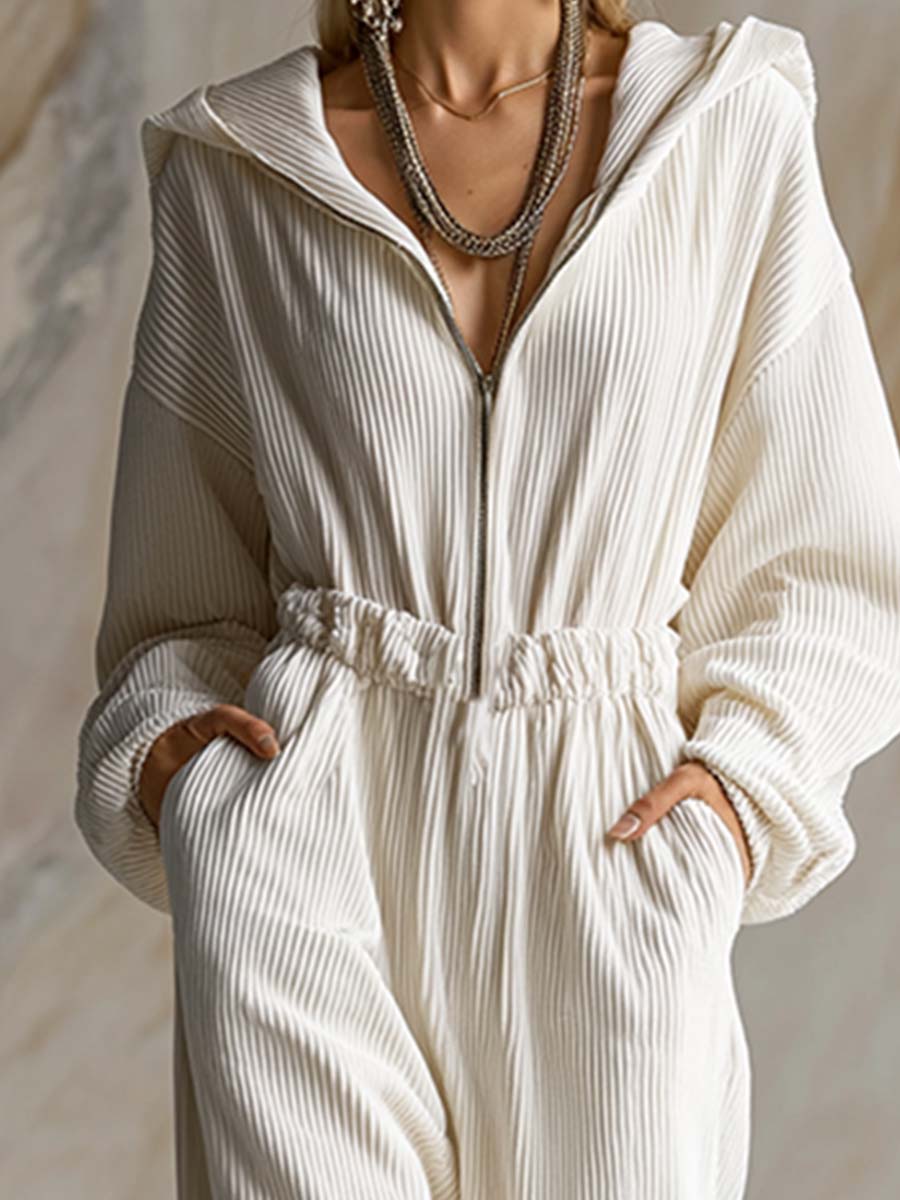 Casual Loose Fashionable White Corduroy Hooded Front Zipper Long Sleeve Jumpsuit