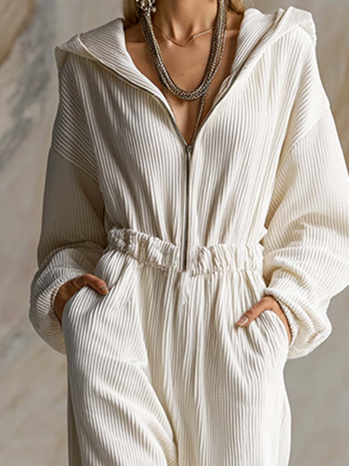 Casual Loose Fashionable White Corduroy Hooded Front Zipper Long Sleeve Jumpsuit