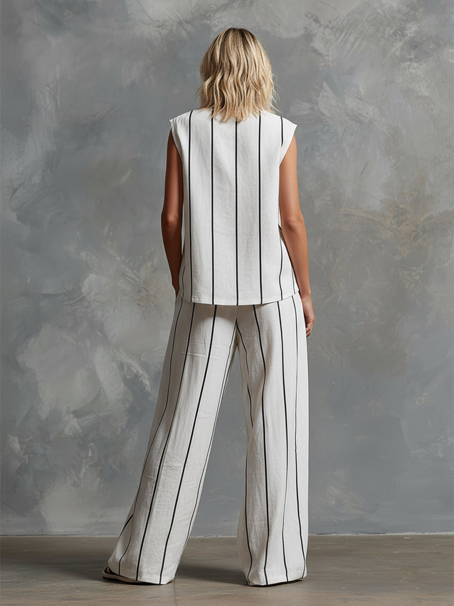 Classic Striped White Cotton Sleeveless Top And Wide-leg Pants Set