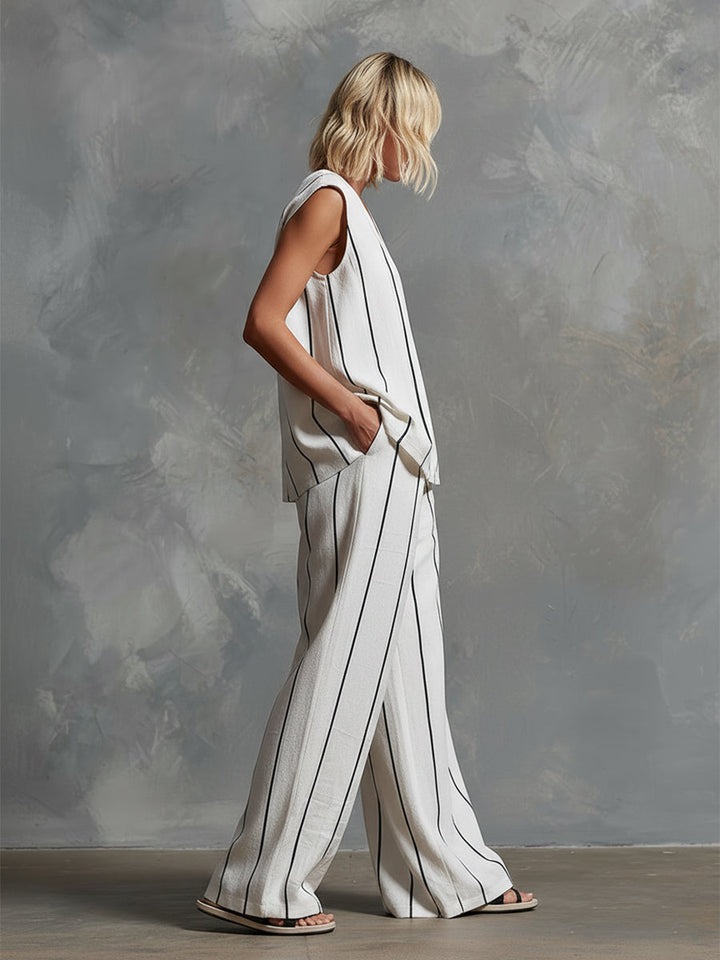 Classic Striped White Cotton Sleeveless Top And Wide-leg Pants Set