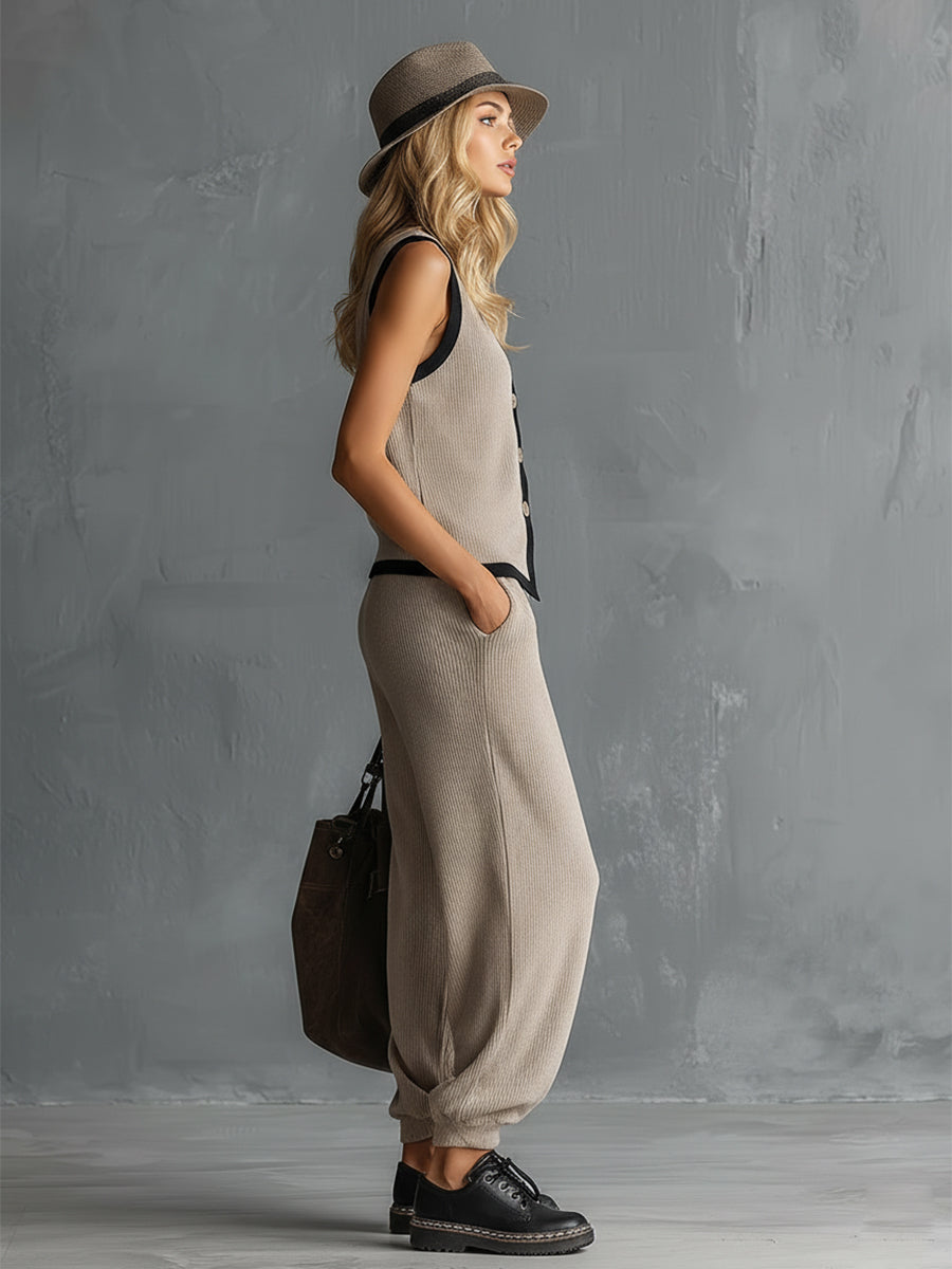 Retro-style Sporty Khaki Lightweight Knit Vest And Pants Set