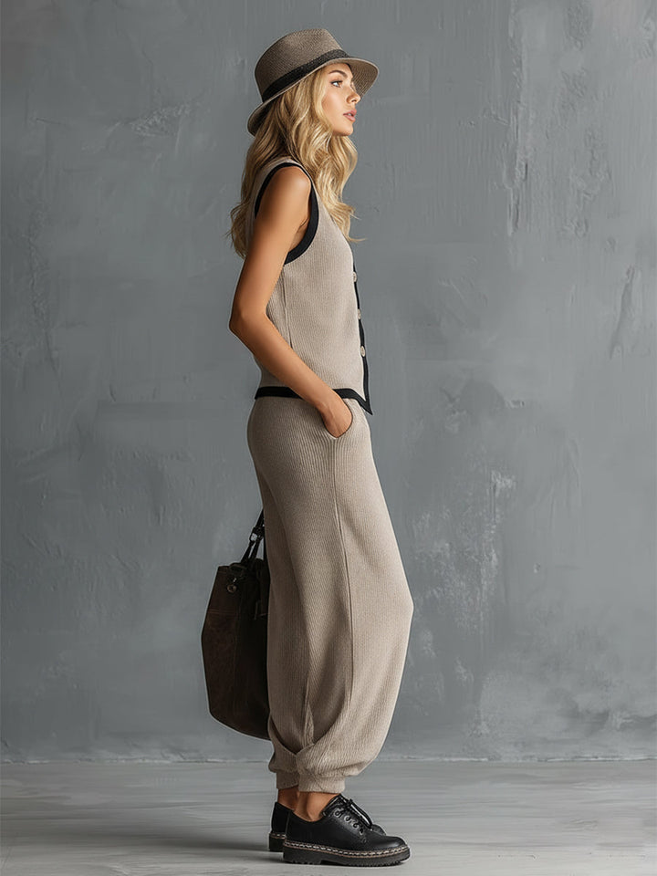 Retro-style Sporty Khaki Lightweight Knit Vest And Pants Set