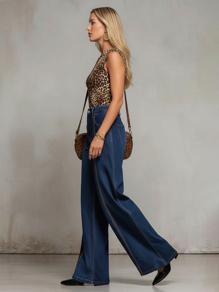 Contrast-stitched Loose Wide-leg Denim Jeans