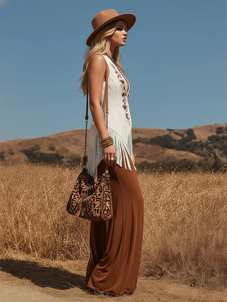 Western-style White Fringed Printed Faux Suede Vest And Brown Chiffon Wide-leg Pants Set