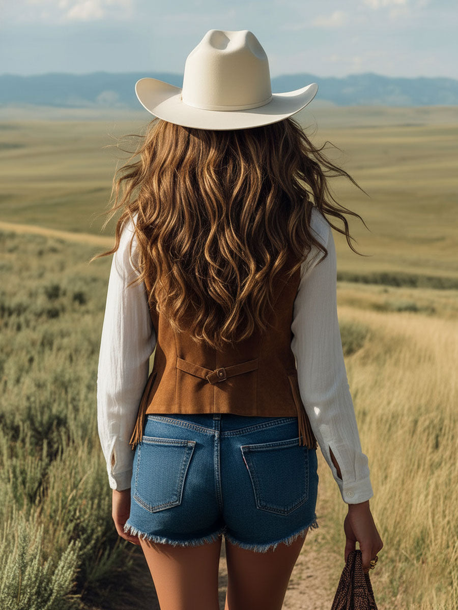 Western Retro Tassel Light Brown Faux Suede Vest