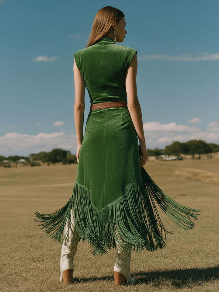 Western Retro Green Tassel Faux Suede Slit Sleeveless Midi Dress