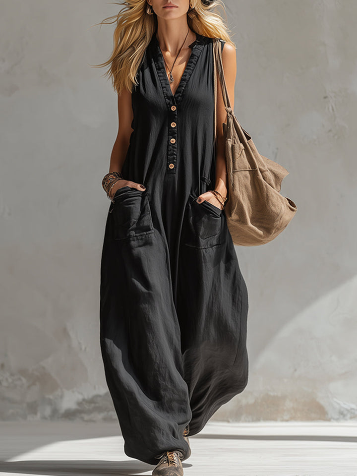 Elegant Urban-style Black Cotton And Linen Sleeveless Jumpsuit