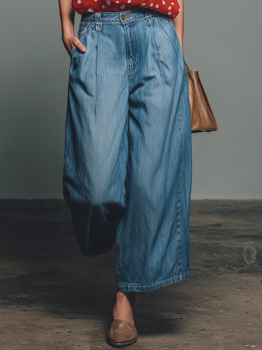 Retro-style Polka Dot V-neck Chiffon Sleeveless Top And Denim Capri Pants Set