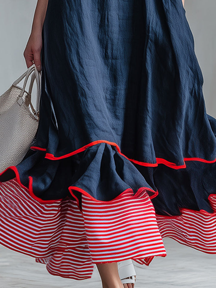 Casual Red And White Striped Patchwork Blue Cotton And Linen Maxi Dress