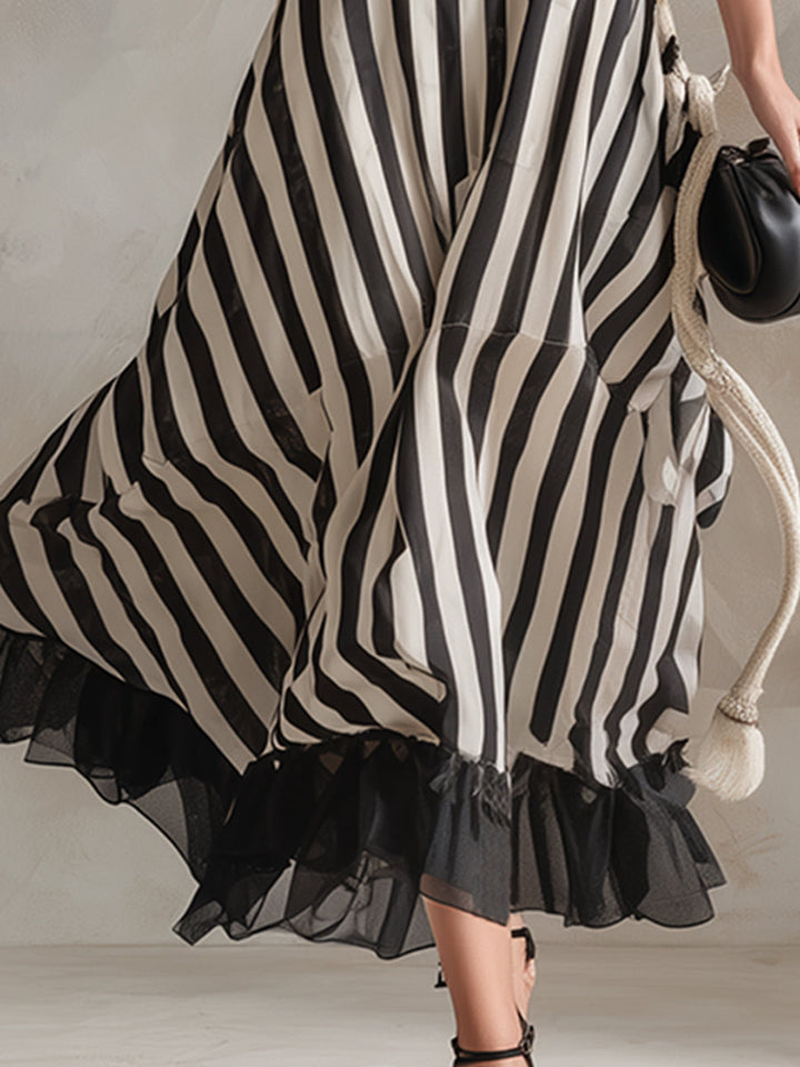 Elegant Chiffon Hem Classic Striped Sleeveless Maxi Dress