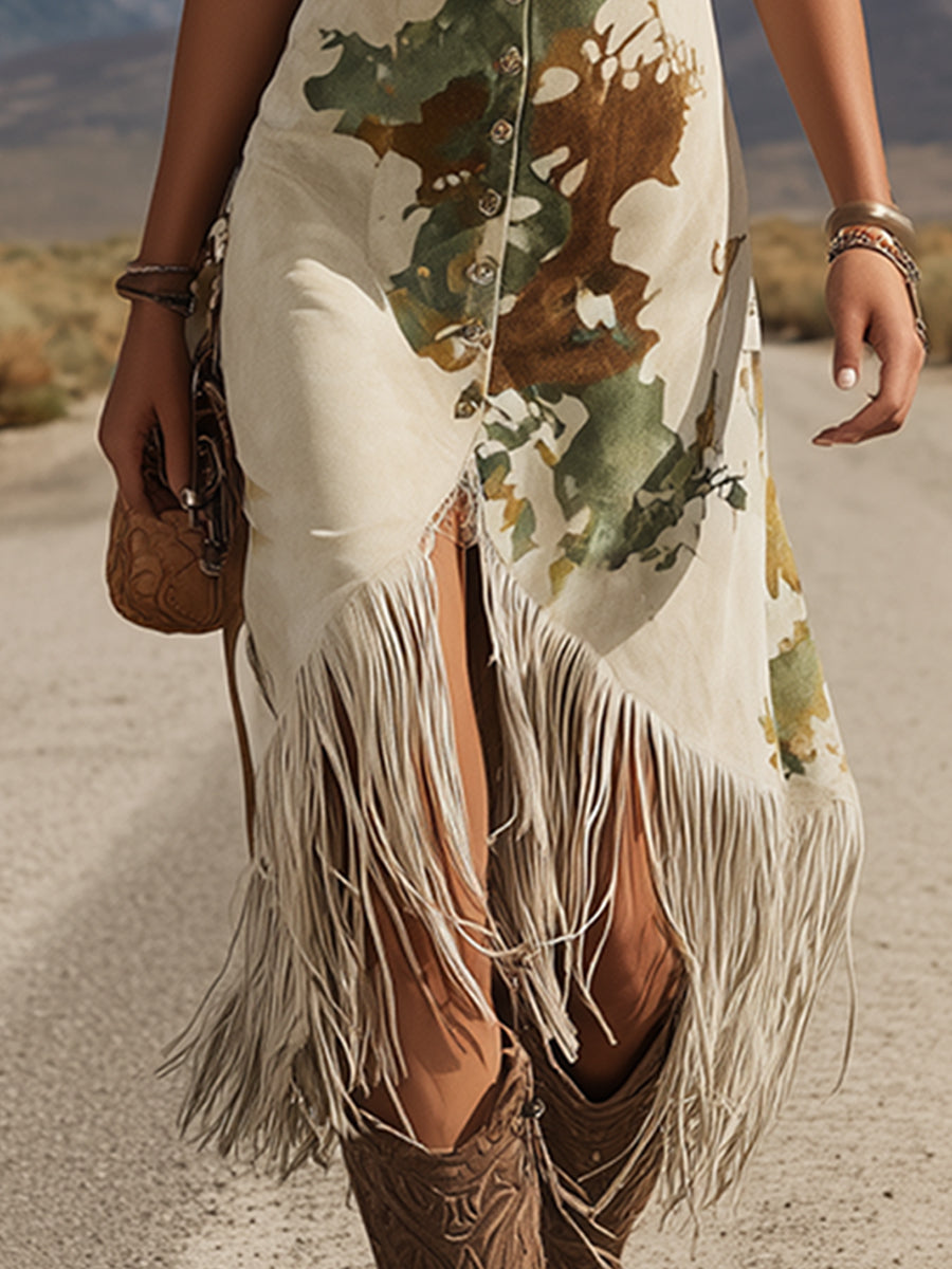 Trendy Western Camouflage Print Beige Faux Suede Tassel Sleeveless Midi Dress