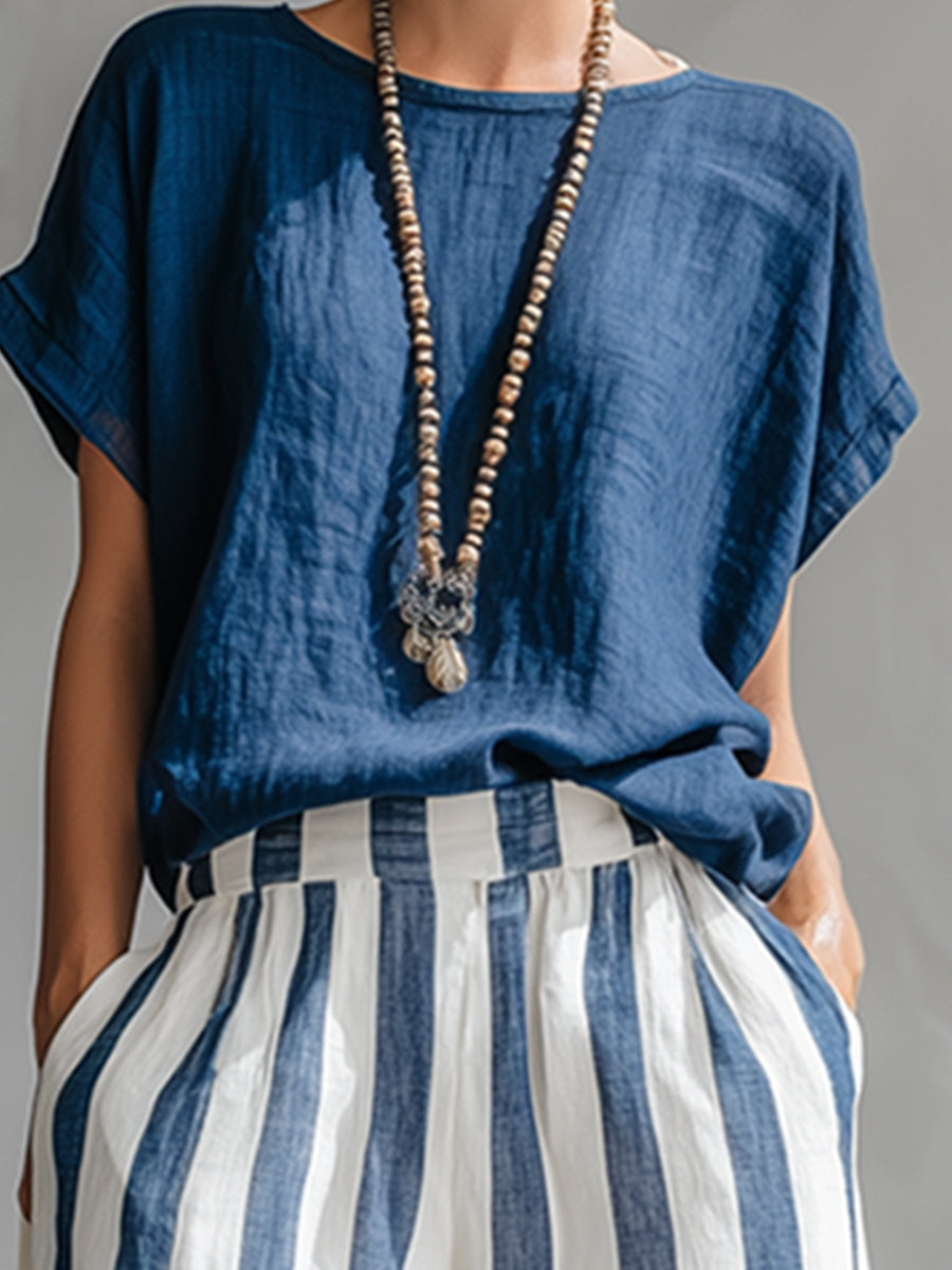 Elegant Minimalist Blue T-shirt And Striped Wide-leg Pants Cotton-linen Set