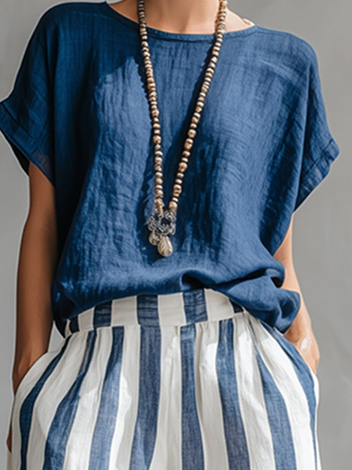 Elegant Minimalist Blue T-shirt And Striped Wide-leg Pants Cotton-linen Set