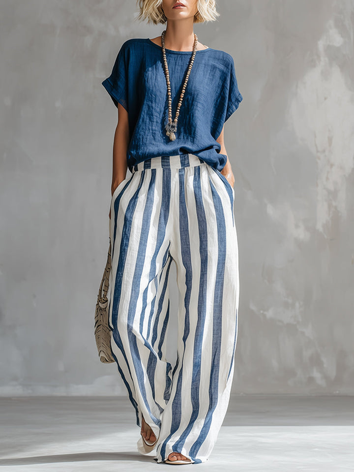 Elegant Minimalist Blue T-shirt And Striped Wide-leg Pants Cotton-linen Set