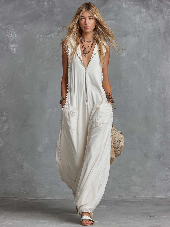 Vintage Casual Western Hooded V-neck Front Zip Lace Trim White Cotton Jumpsuit