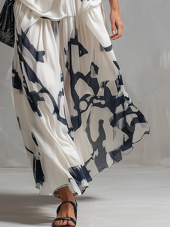 Chic Urban White Abstract Print Chiffon Sleeveless Shirt And Long Skirt Set