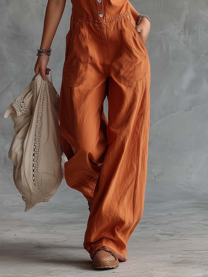 Casual Fashion Western V-neck Front-button Sleeveless Rust-orange Cotton Jumpsuit
