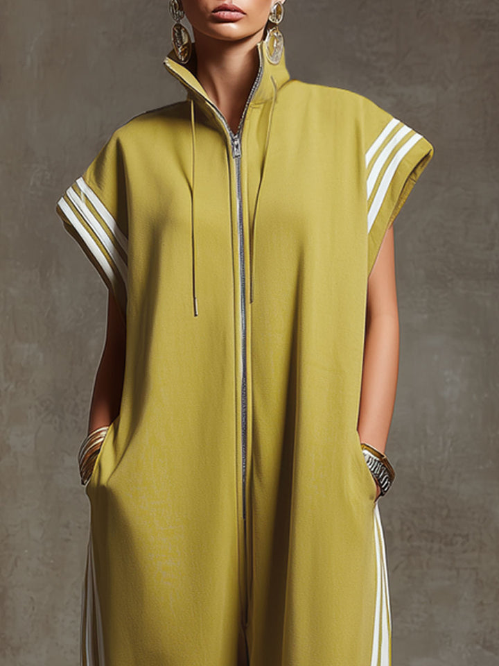 Casual Sports White Webbing Yellow-green Sleeveless Jumpsuit