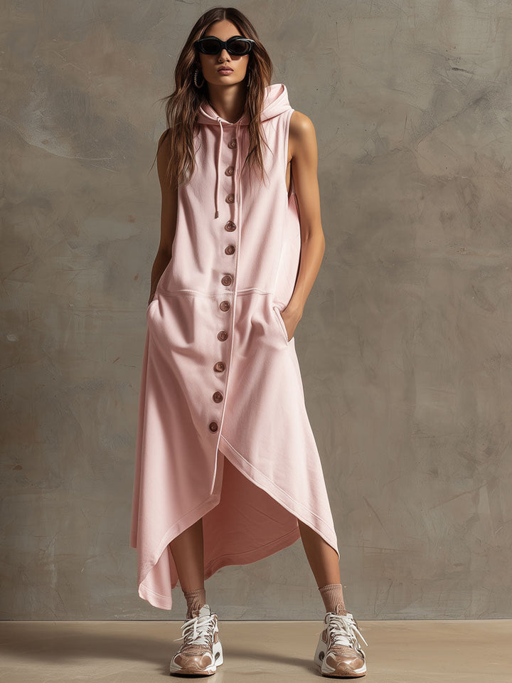 Sporty Retro Sleeveless Pink Hooded Cardigan Dress With Asymmetrical Midi Length