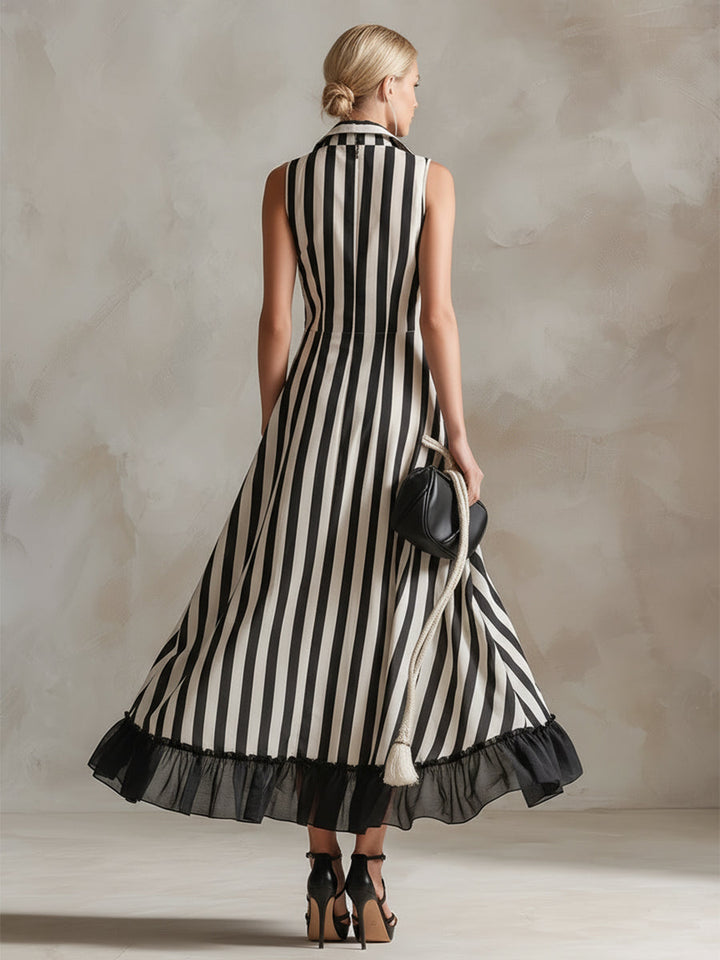 Elegant Chiffon Hem Classic Striped Sleeveless Maxi Dress