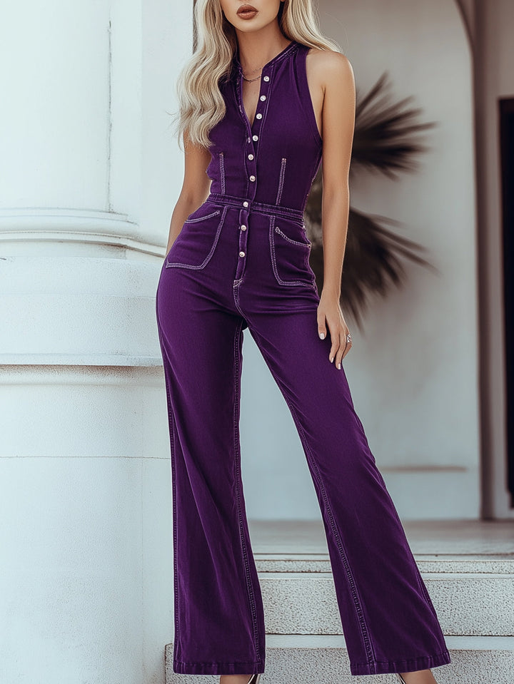 【24-hour shipping out】Mysterious Vintage Purple Denim Sleeveless Wide Leg Jumpsuit