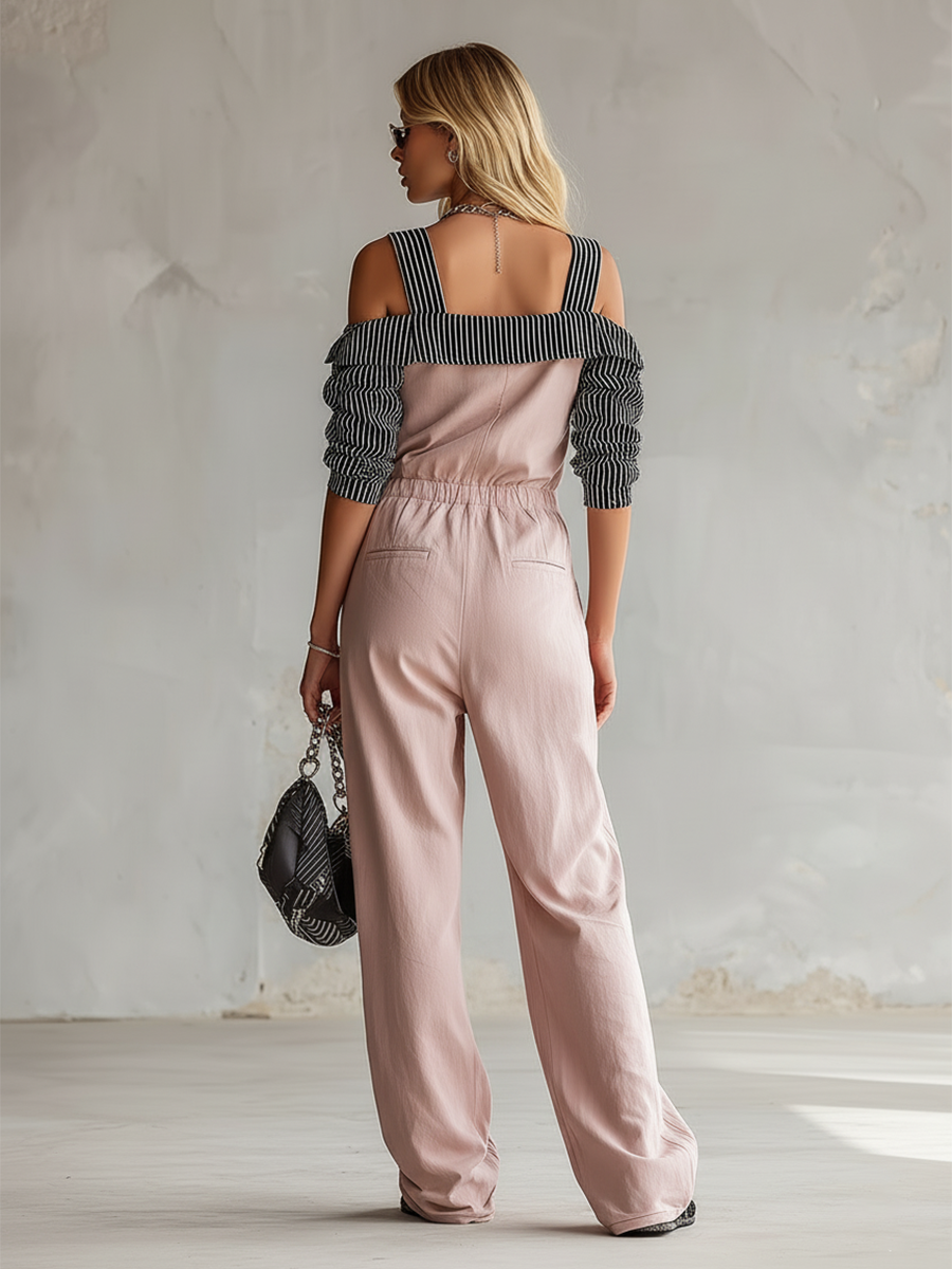 Stylish Color-blocked Striped Sleeve Pink Cotton Jumpsuit