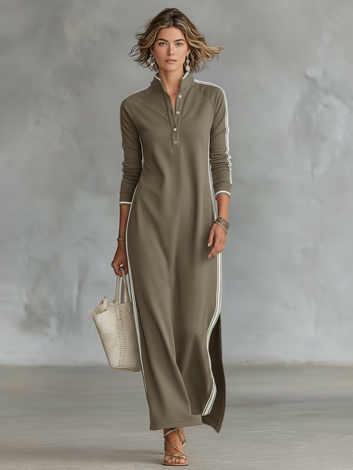 Women's Minimalist White-trimmed Button-down Collar Sweatshirt Dress Maxi Dress MDA0958L0Y
