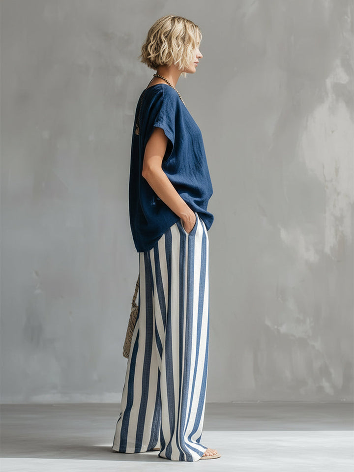 Elegant Minimalist Blue T-shirt And Striped Wide-leg Pants Cotton-linen Set