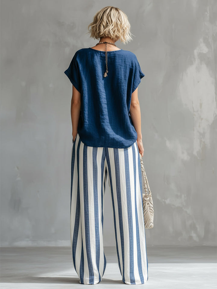 Elegant Minimalist Blue T-shirt And Striped Wide-leg Pants Cotton-linen Set