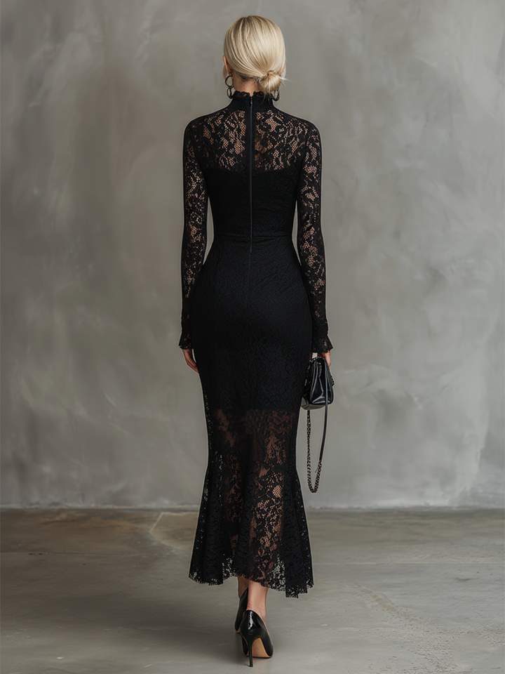 Elegant Party Black Stretch Lace Fishtail Maxi Dress
