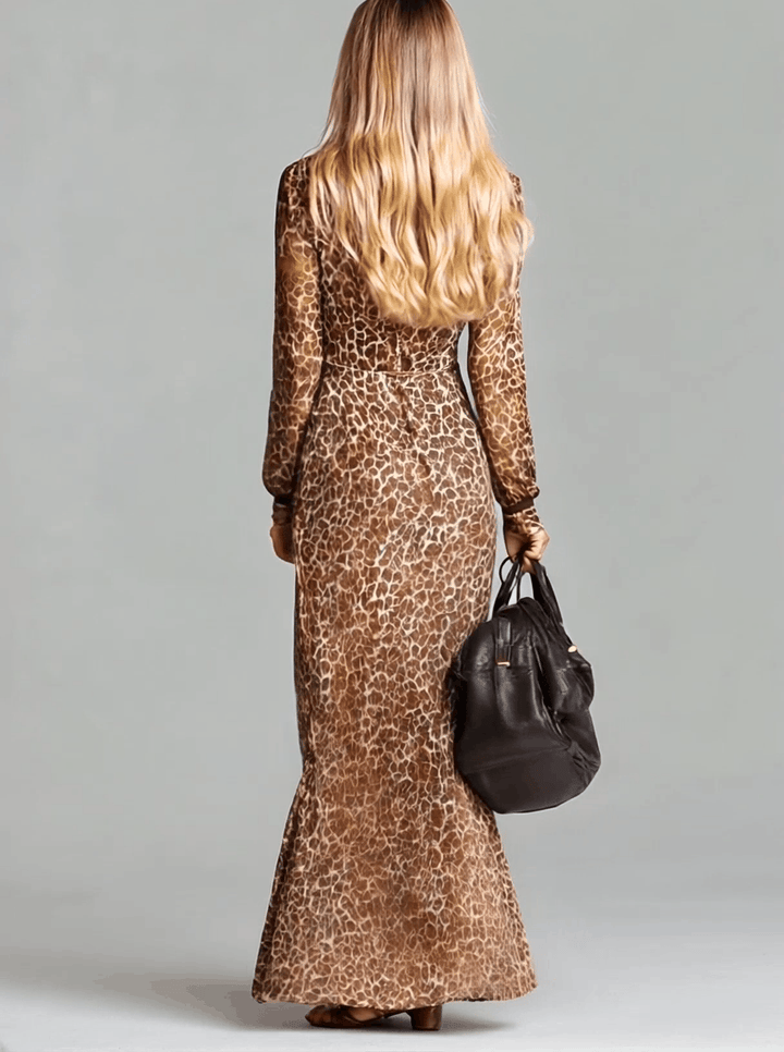 Fashionable And Elegant Brown Chiffon Leopard Print Long Sleeve Maxi Dress