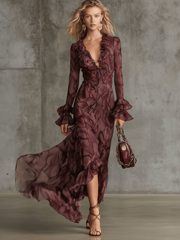 Elegant And Fashionable Burgundy Chiffon Snakeskin Pattern Ruffled Long-Sleeved Maxi Dress