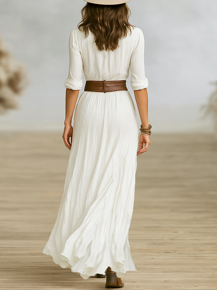 Women's Cotton And Linen Pleated Lapel Single-breasted Long-sleeved Maxi Dress