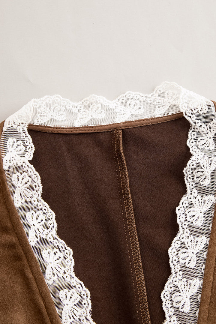 Romantic Western Style Lace Sleeves Brown Suede Shirt