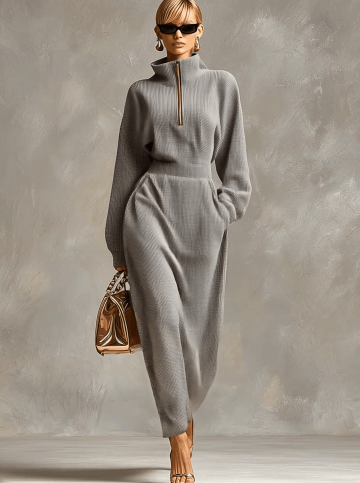 Exquisite Casual Lapel Front Zipper Long Sleeve Light Gray Waffle Fabric Maxi Dress