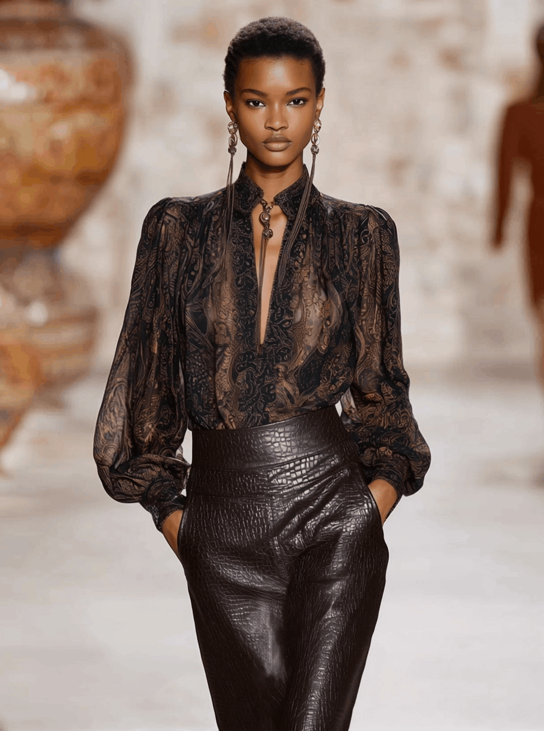 Premium Printed V-Neck Mocha Brown Printed Long Sleeve Shirt