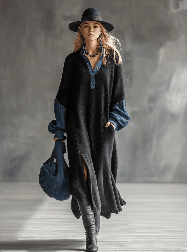 Fashionable Casual Black Knitted Denim Trim Maxi Dress