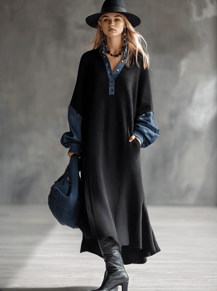 Fashionable Casual Black Knitted Denim Trim Maxi Dress