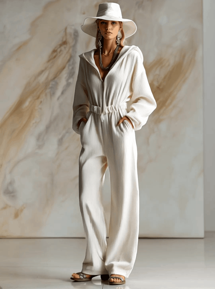 Casual Loose Fashionable White Corduroy Hooded Front Zipper Long Sleeve Jumpsuit