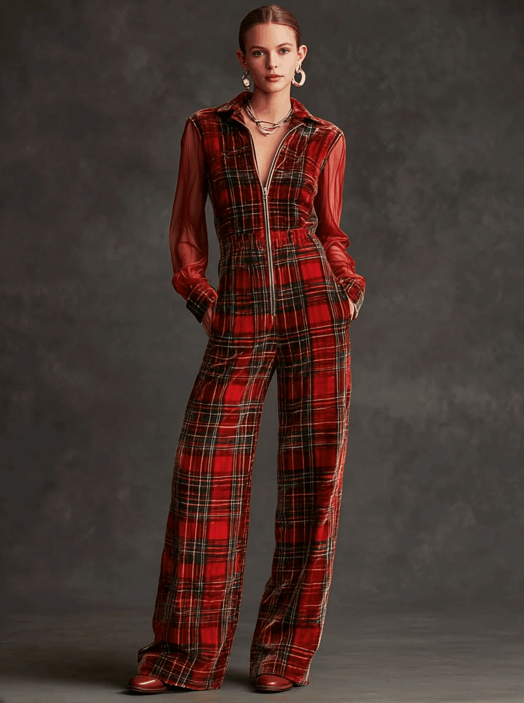 Retro Long-sleeved Mesh Red And Green Plaid Velvet Wide-leg Jumpsuit
