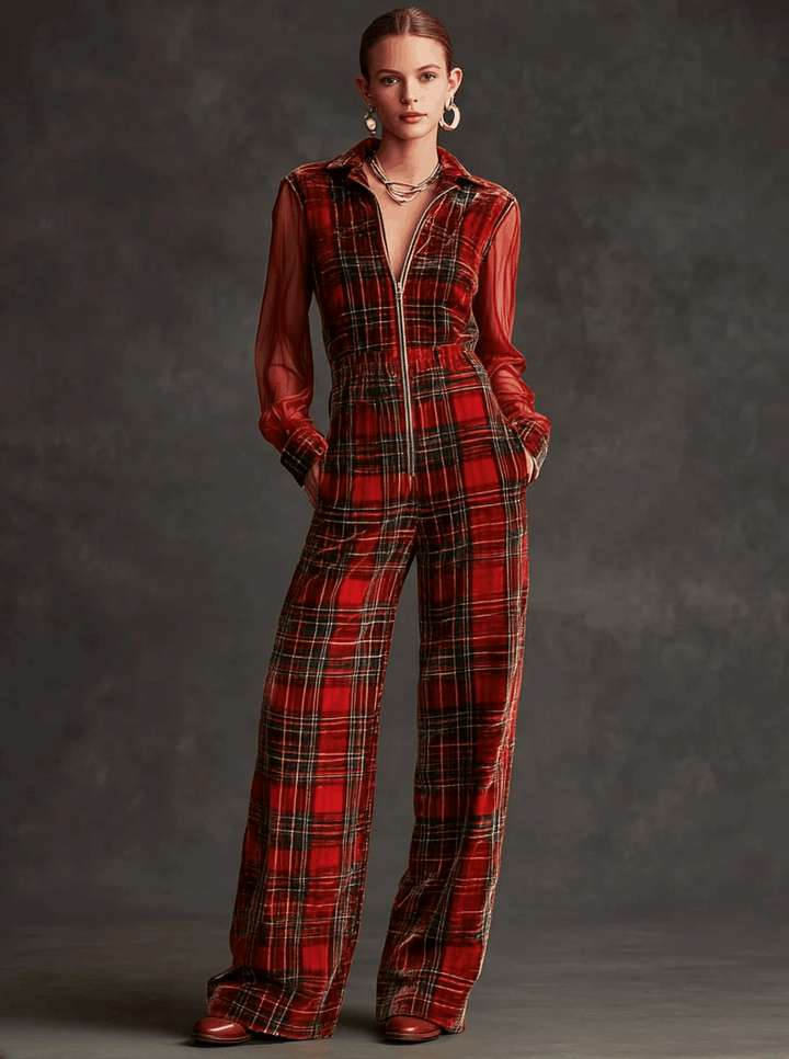 Retro Long-sleeved Mesh Red And Green Plaid Velvet Wide-leg Jumpsuit