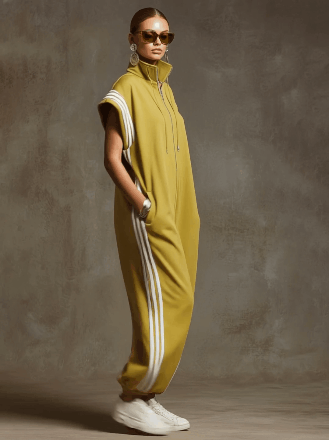 Casual Sports White Webbing Yellow-green Sleeveless Jumpsuit