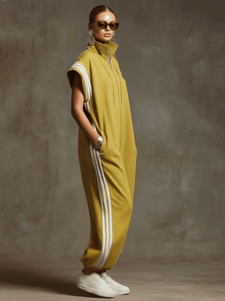 Casual Sports White Webbing Yellow-green Sleeveless Jumpsuit