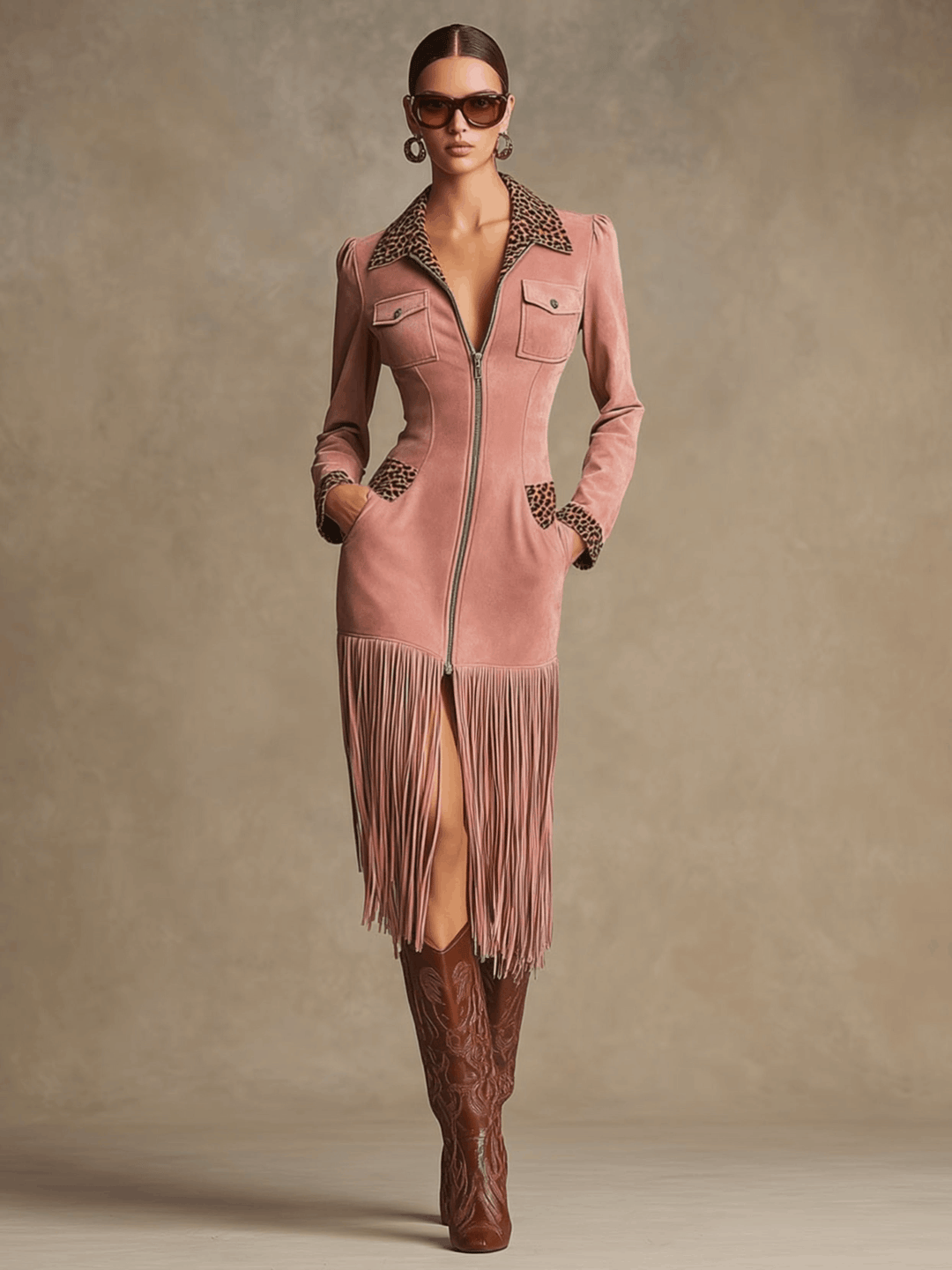 Western Retro Leopard Print Pink Faux Suede Zipper Tassel Midi Dress