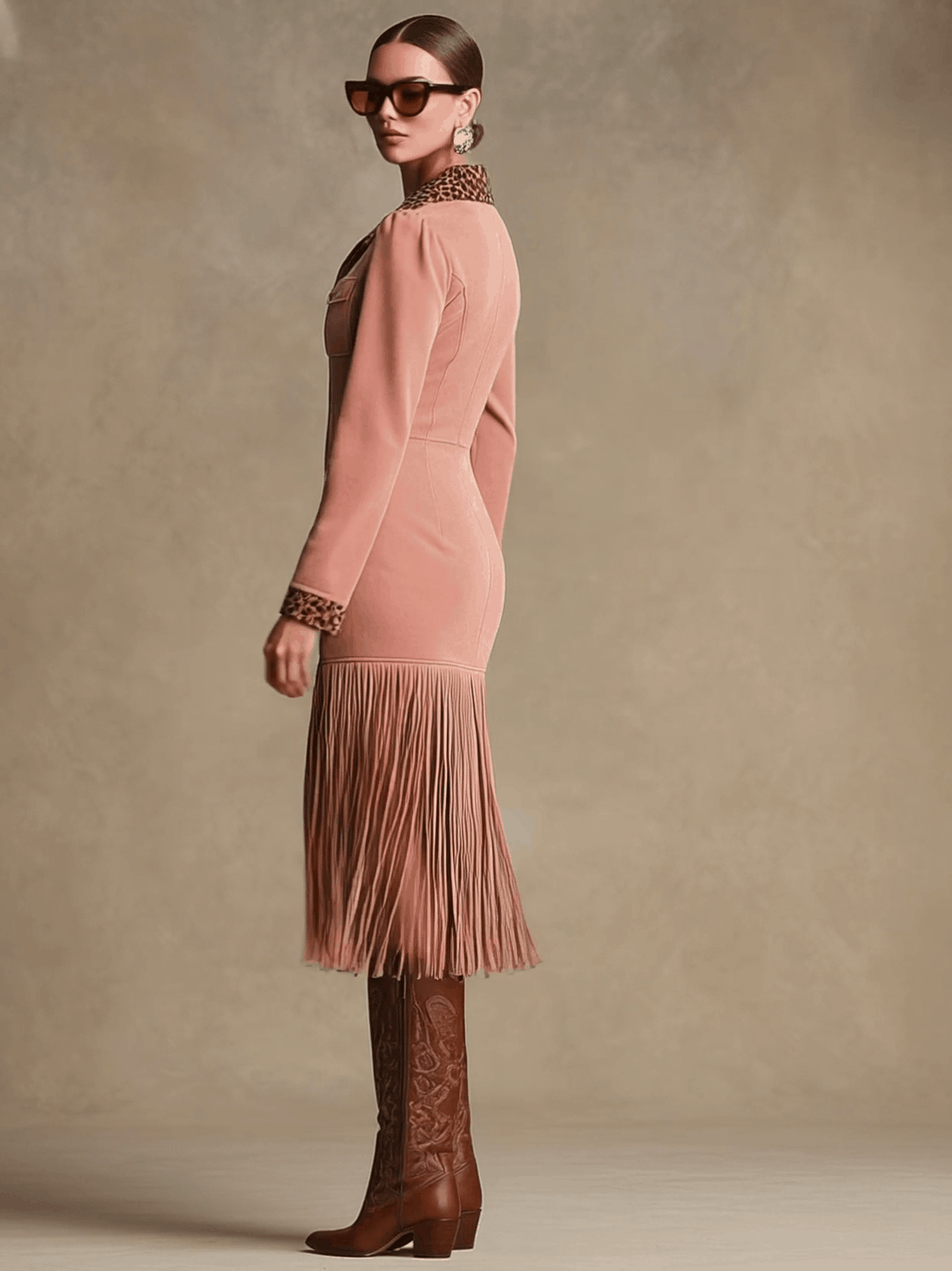 Western Retro Leopard Print Pink Faux Suede Zipper Tassel Midi Dress