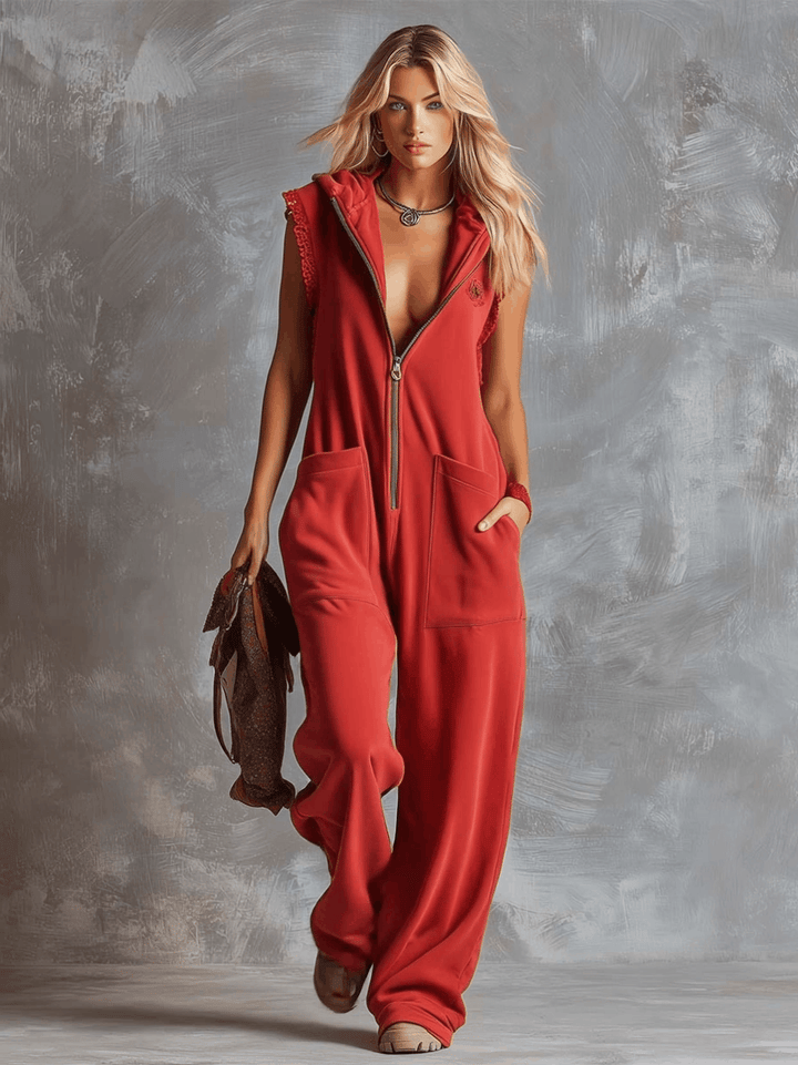 Retro Fashiona Sporty Hooded V-neck Front Zipper Cotton Jumpsuit