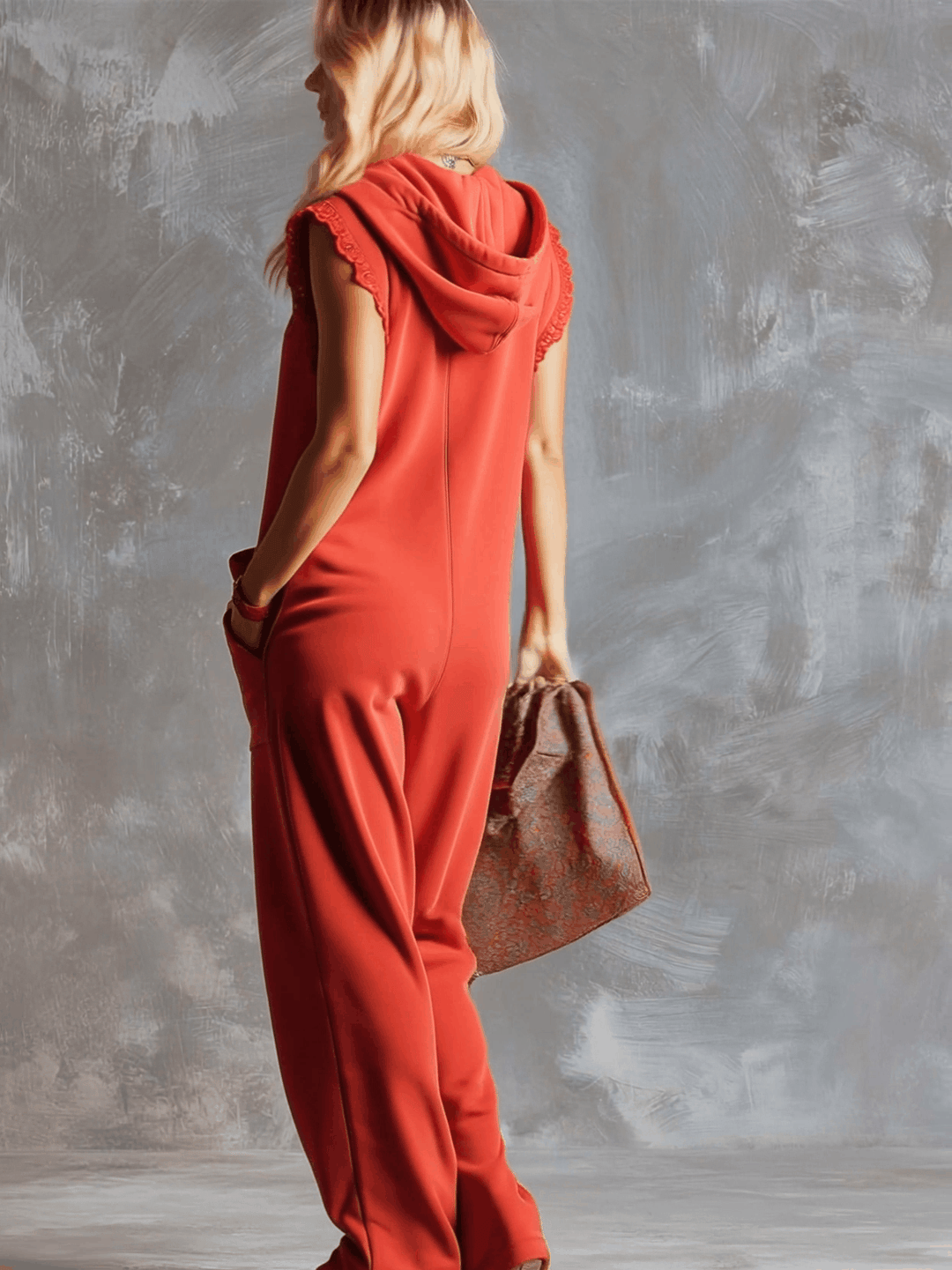 Retro Fashiona Sporty Hooded V-neck Front Zipper Cotton Jumpsuit