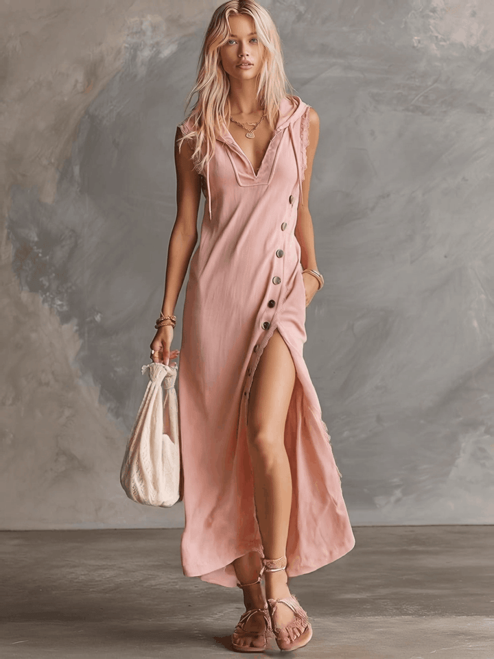 Elegant Retro Sporty Hooded V-neck Sleeveless  Lace Trim Side Slits And Button Pink Cotton Midi Dress