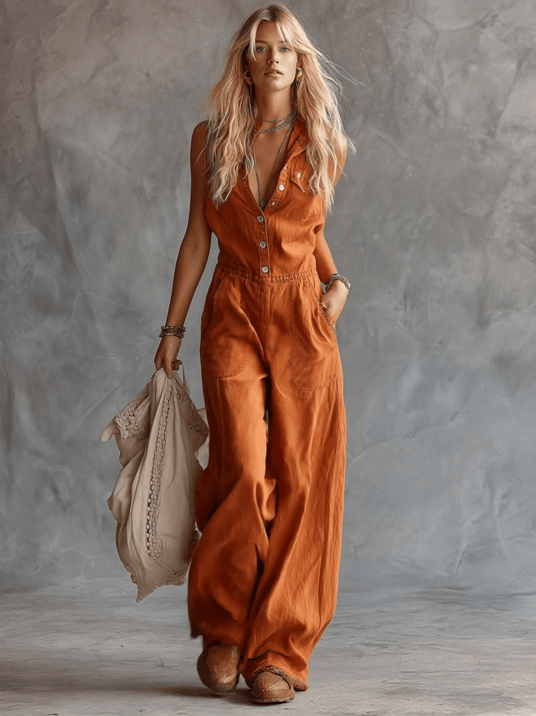 Casual Fashion Western V-neck Front-button Sleeveless Rust-orange Cotton Jumpsuit