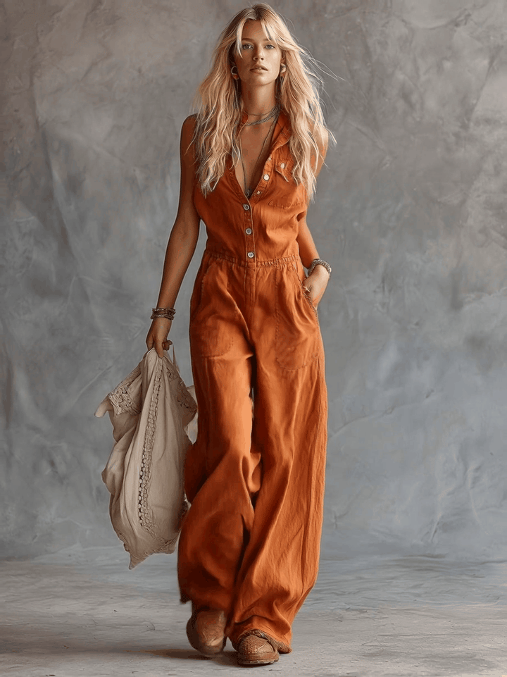Casual Fashion Western V-neck Front-button Sleeveless Rust-orange Cotton Jumpsuit